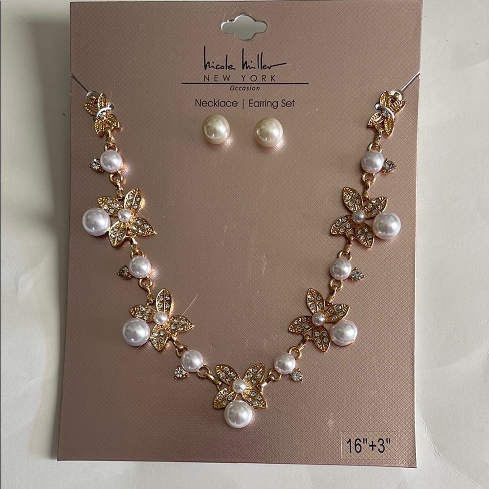 Nicole Miller Gold and Faux Pearl Earrings & Necklace Set